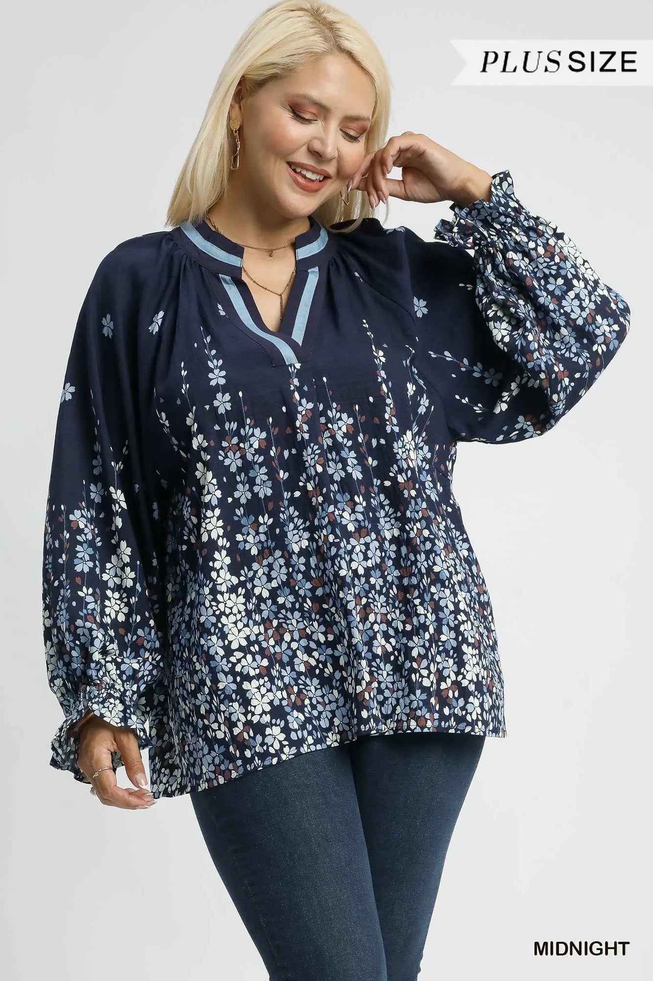 Full Size Floral Vine Print Blouse with Balloon Sleeves Plus Size