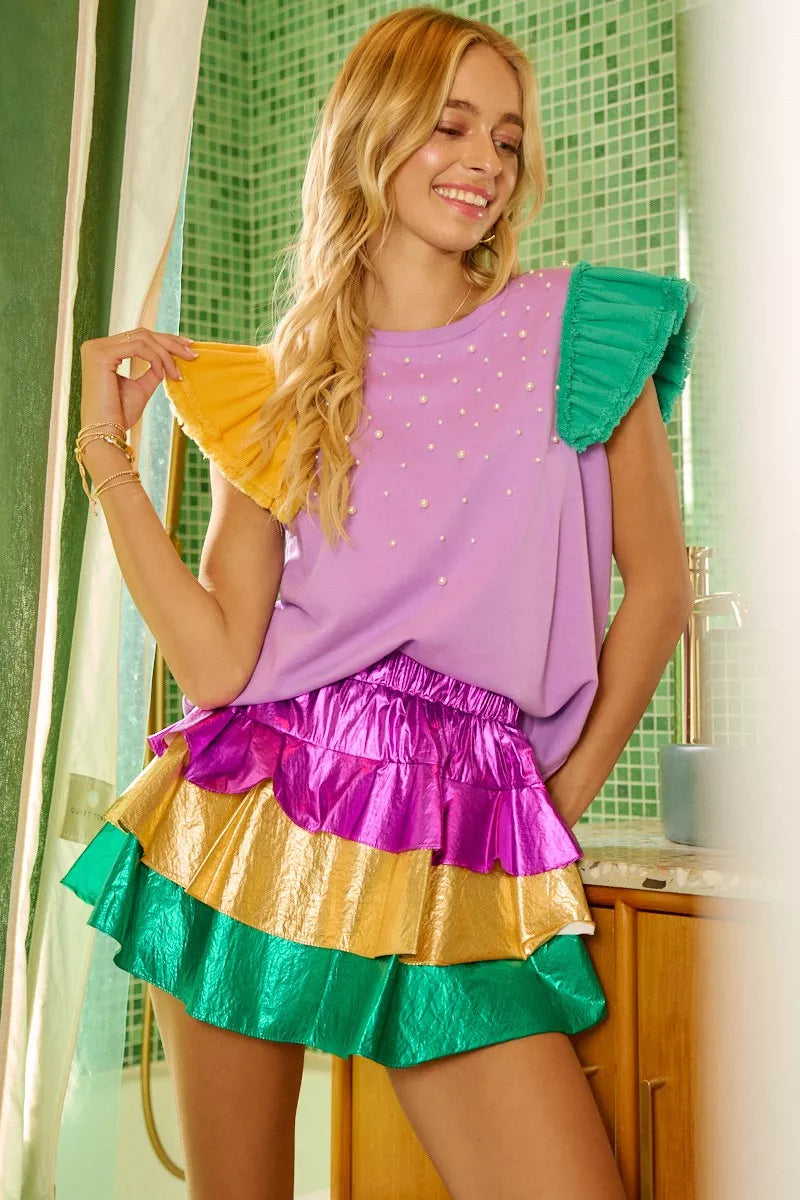 Mardigras Theme Frayed Edge Ruffled Top
