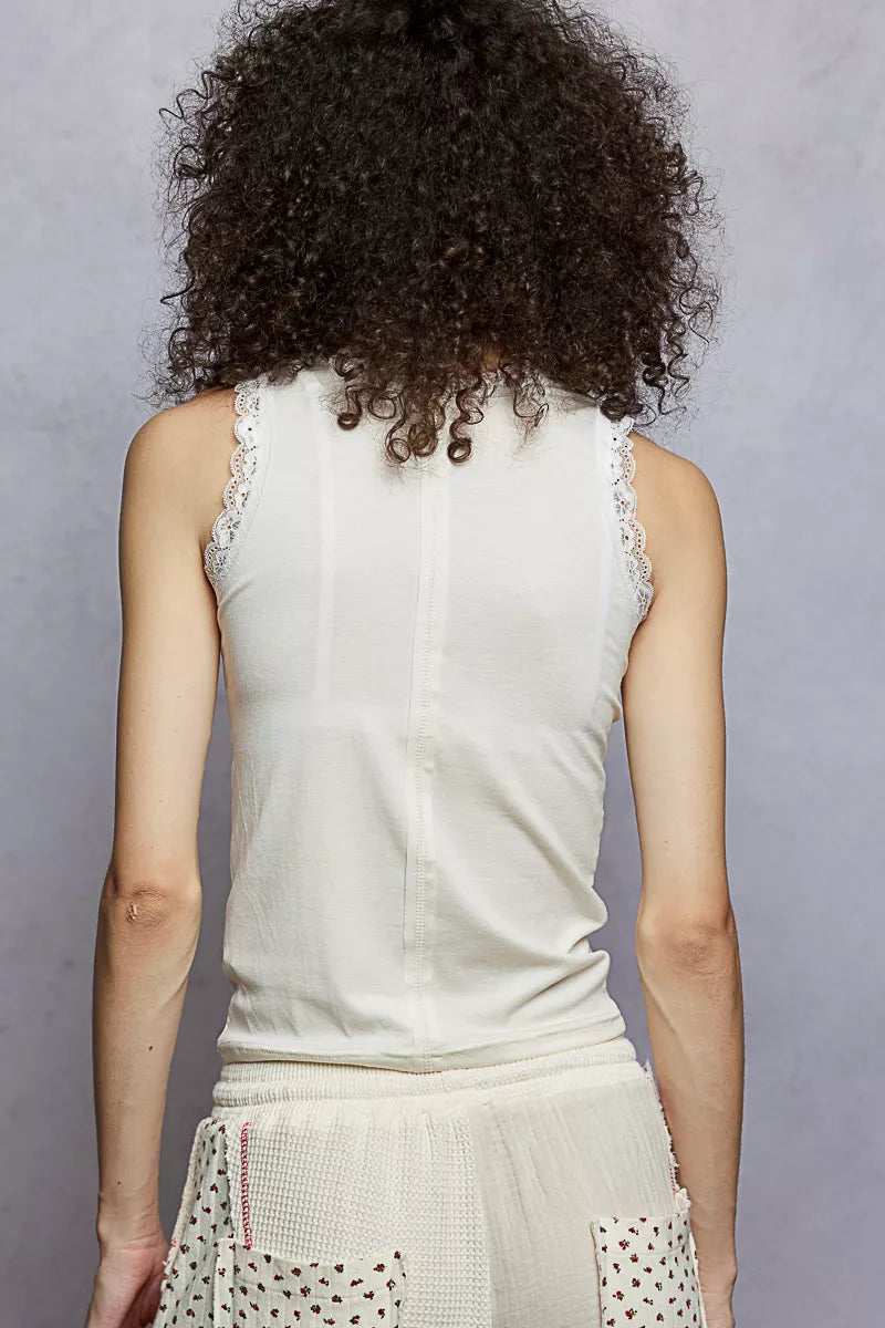 Round Neck Cropped Tank with Lace Trim