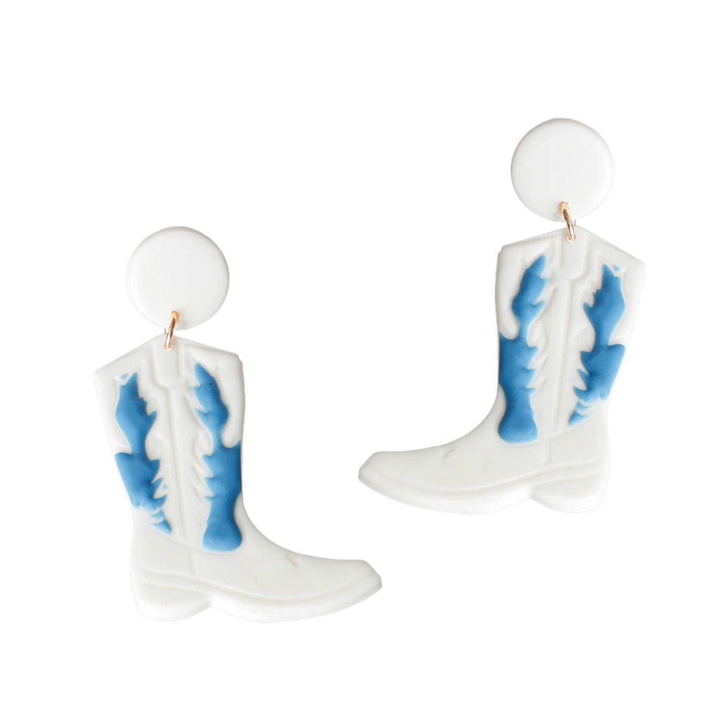 Clay Boots Earrings White and Blue Stylish Statement Jewelry