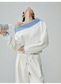 Two Piece Set Of Blue And White Striped Collared Sloping Shoulder Hoodie And Wide Leg Pants See size chart under “more details”