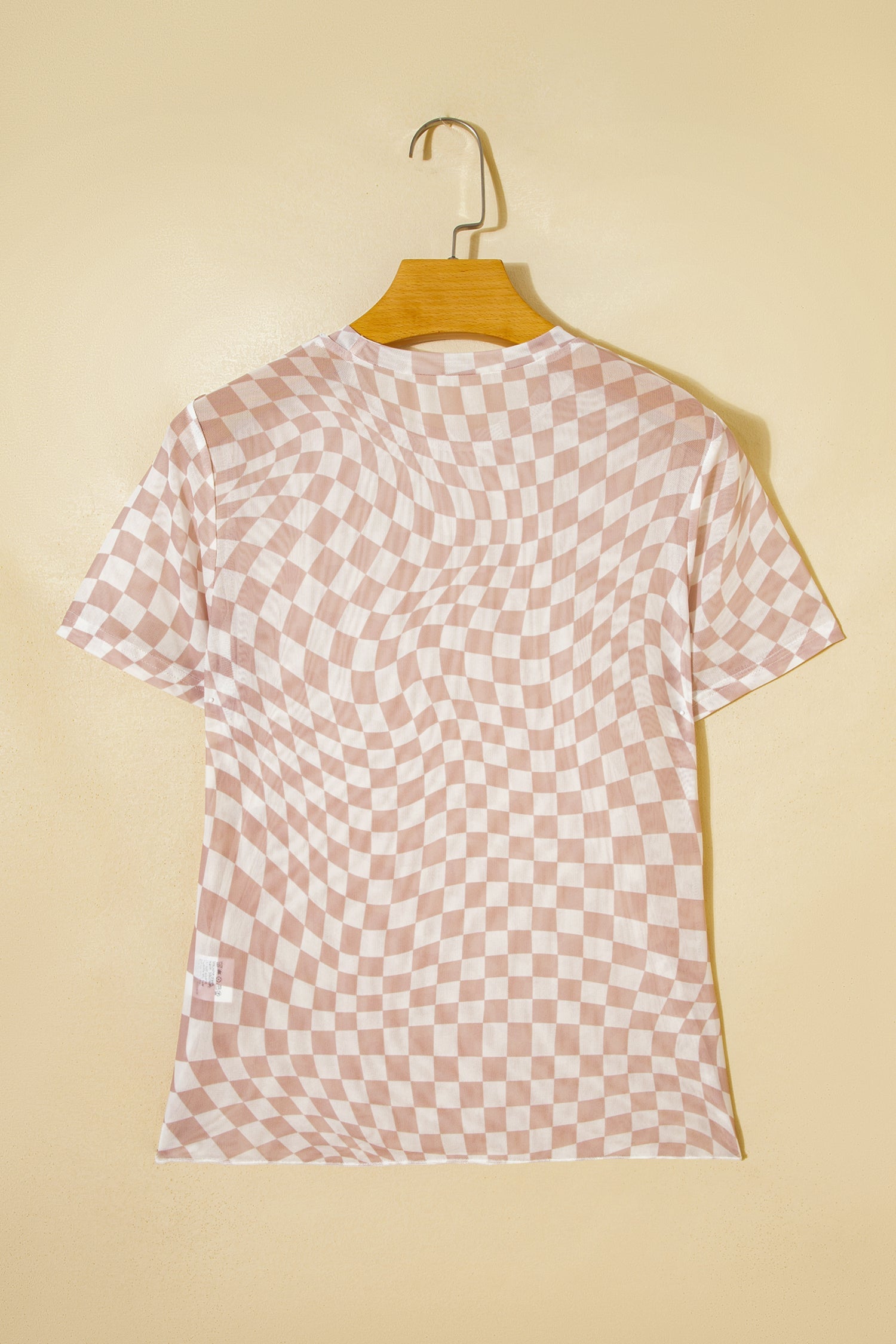 Khaki Checkered Print Mock Neck Mesh T Shirt