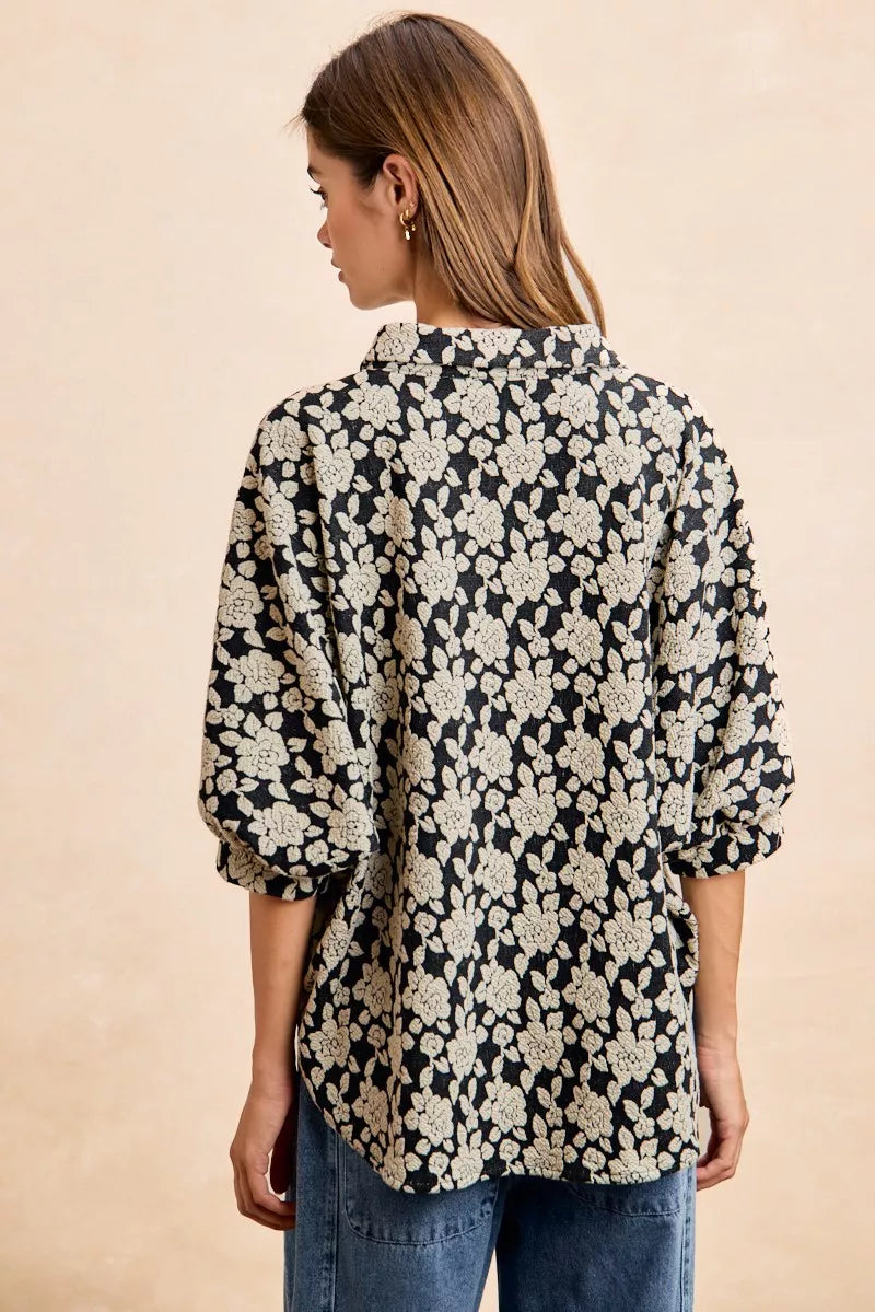Floral Jacquard Short Dolman Sleeves Shirt
