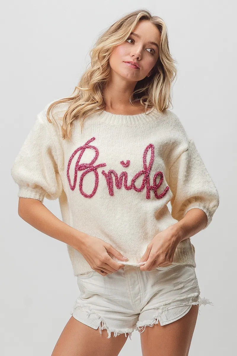 Metallic Letter Short Puff Sleeve Hairy Sweater