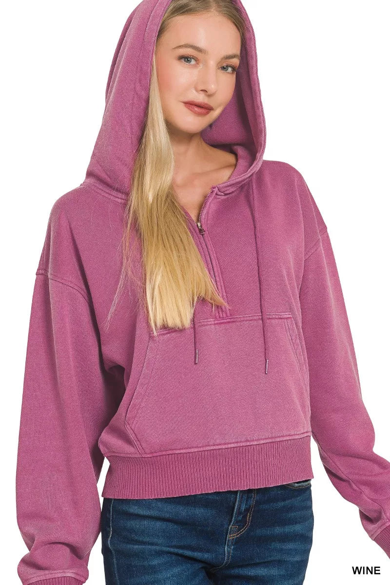 Fleece Pigment Dye Half Zip Kangaroo Pocket Hoodie