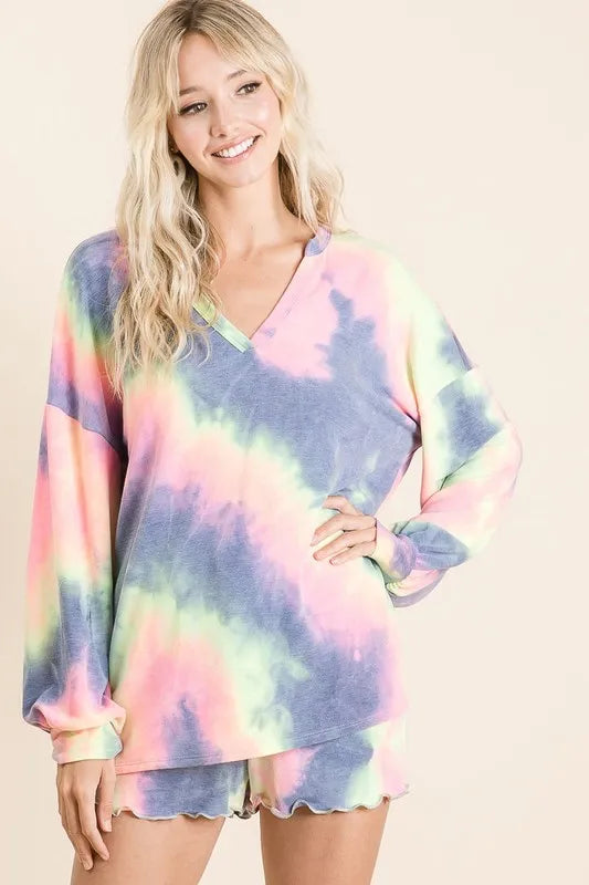 Tie Dye French Terry Top With Balloon Sleeves