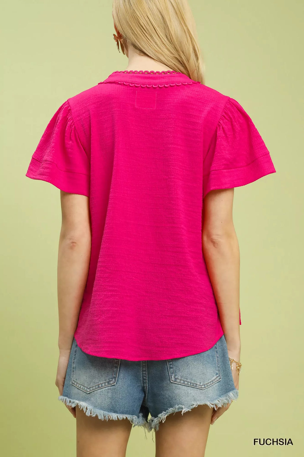 Seersucker Short Sleeve Top with Lace Trim