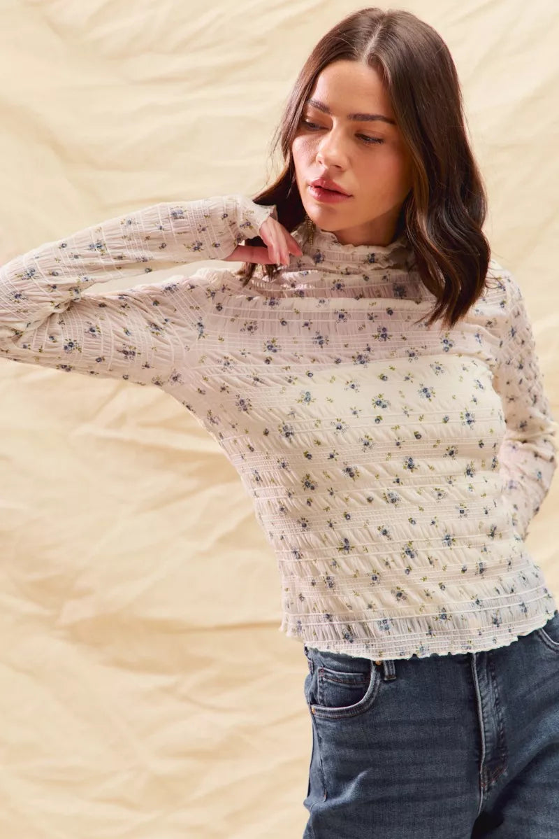 Floral Print Textured Long Sleeve Knit Top