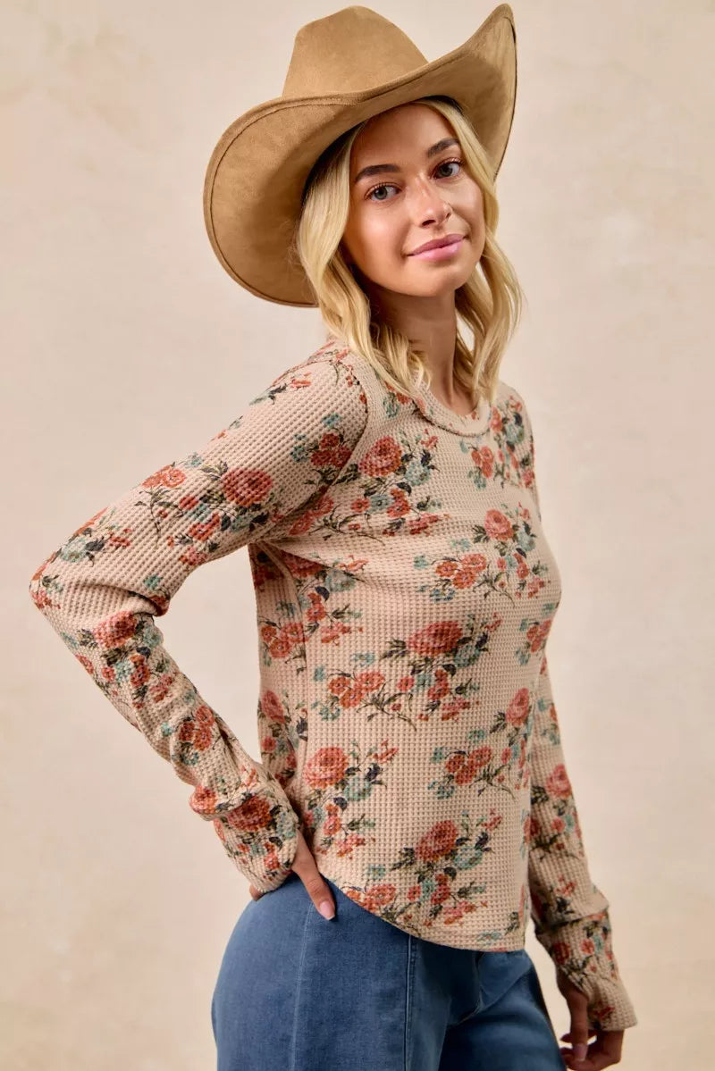 Floral Print Washed Waffle Thermal Top with Thumb