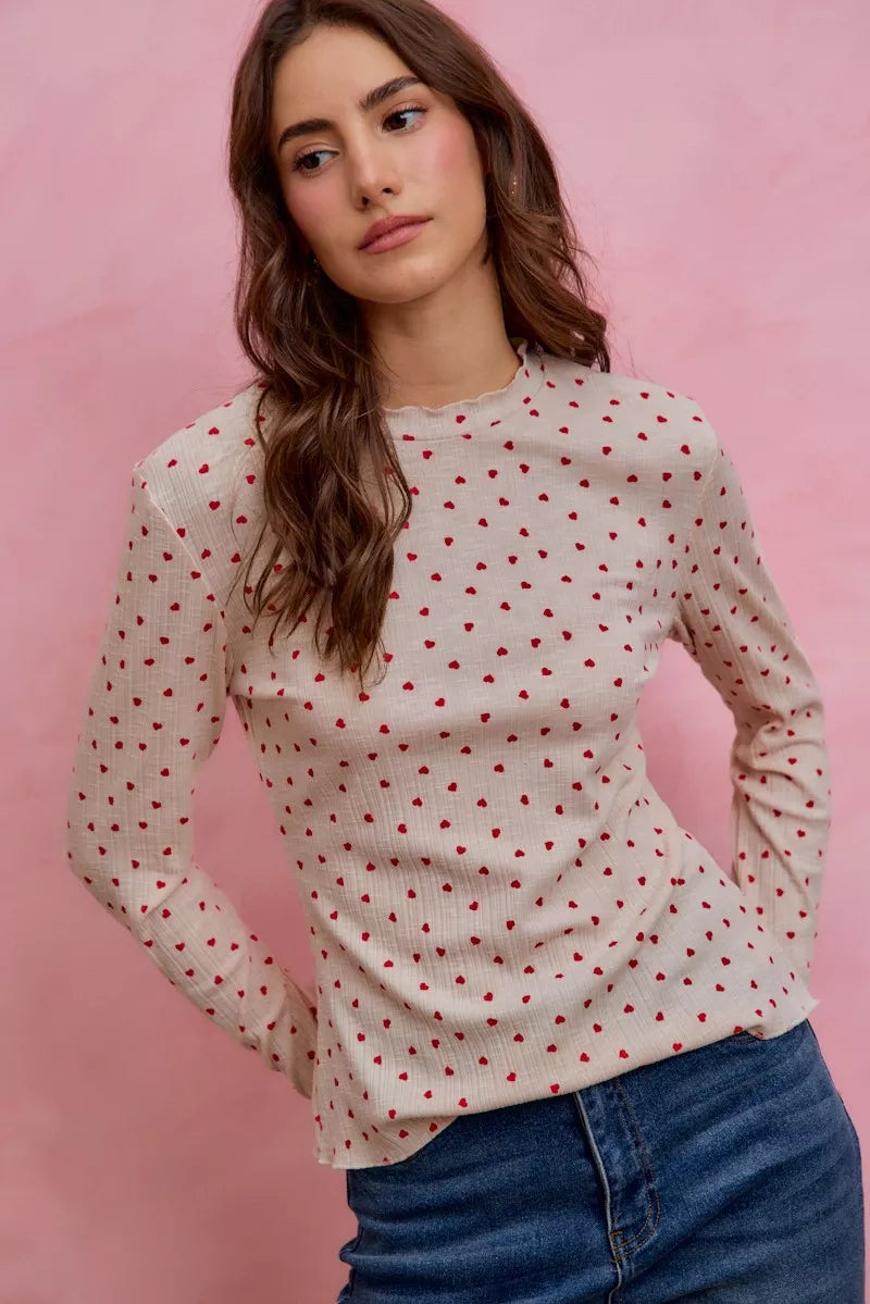 Ditsy Heart All Over Slub Rib Knit Valentine Top