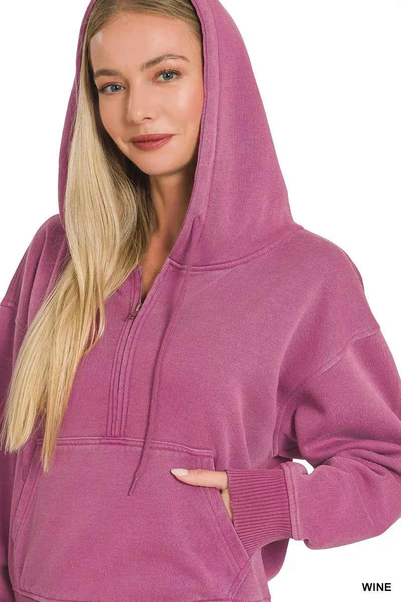Fleece Pigment Dye Half Zip Kangaroo Pocket Hoodie
