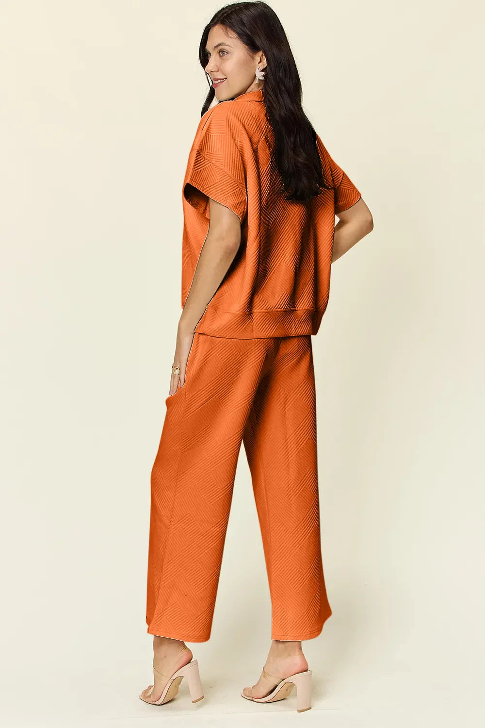 I am a Fashion Junky Full Size Texture Half Zip Short Sleeve Top and Pants Set