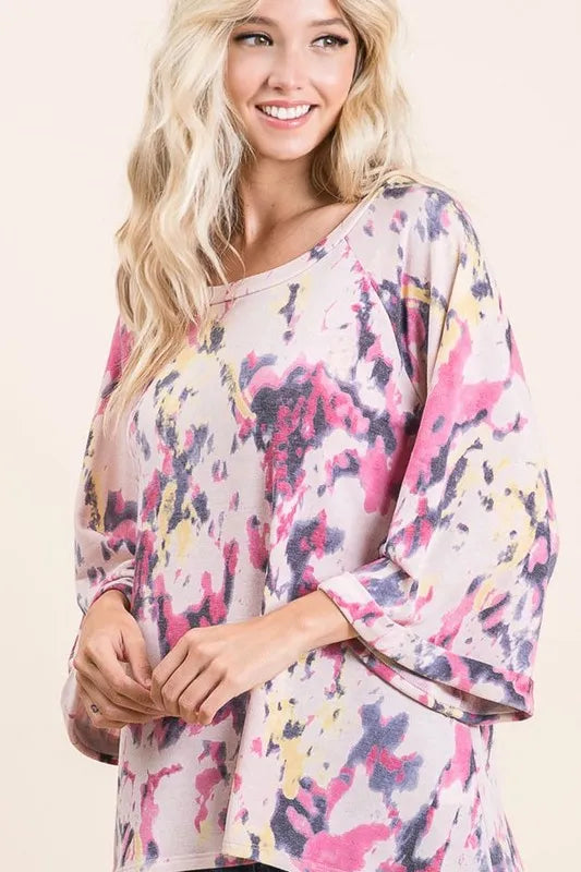 Tie Dye Print Terry A Line Top with Bell Sleeves