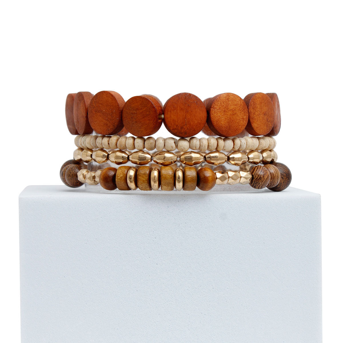 Bracelet Set 4 Pcs Brown Wood Layered Stylish Casual Accessories