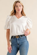 Plain Satin Puff Shirring V Neck Blouse Top