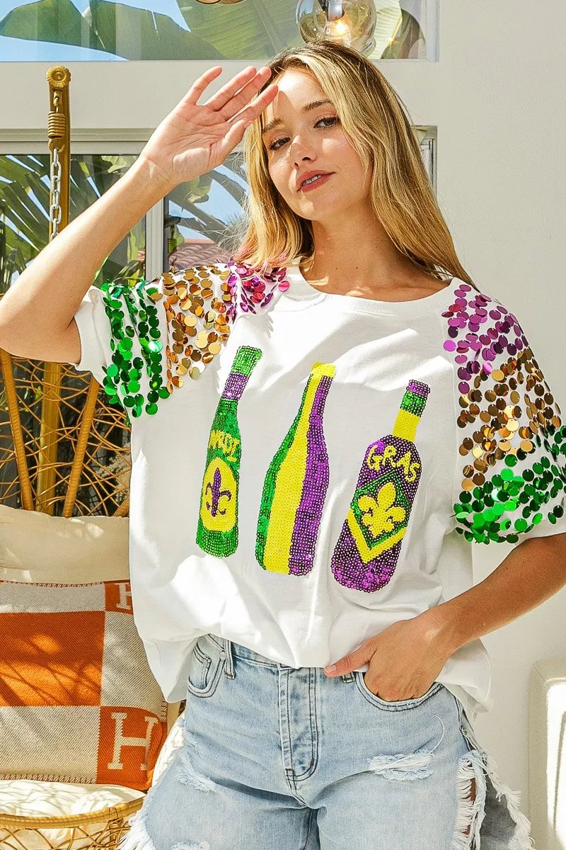 Sequin Mardi Gras Bottles Spangled Sleeve Top