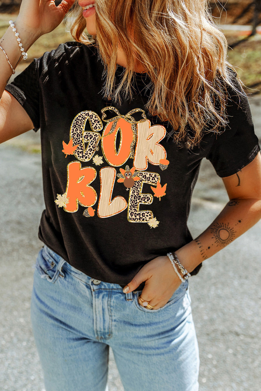Black GOBBLE Leopard Letter Print Turkey Bow Graphic T Shirt