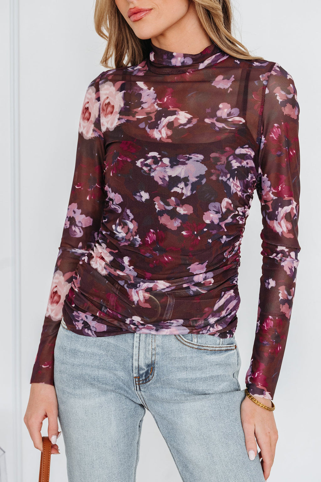 Brown High Neck Ruched Floral Mesh Top