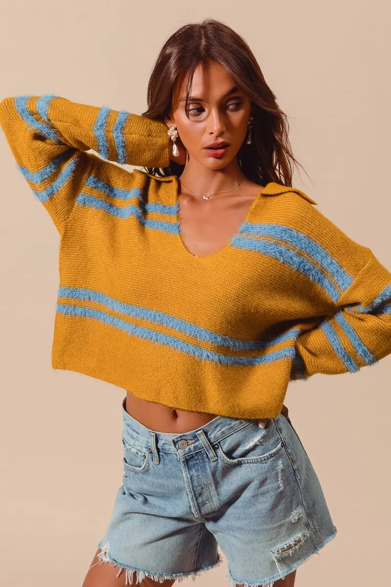 Fuzzy Hairy Stripe Deep U Neck Sweater