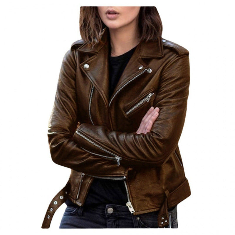 Women's Short Slim Fit PU Leather Jacket - Street Hipster Biker Style Coat
