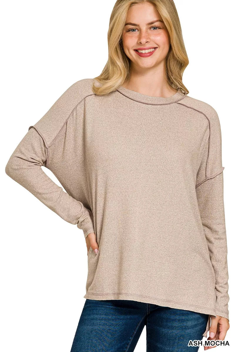 Full Size Melange Hacci Exposed Seam Hi-low Tee Plus Size