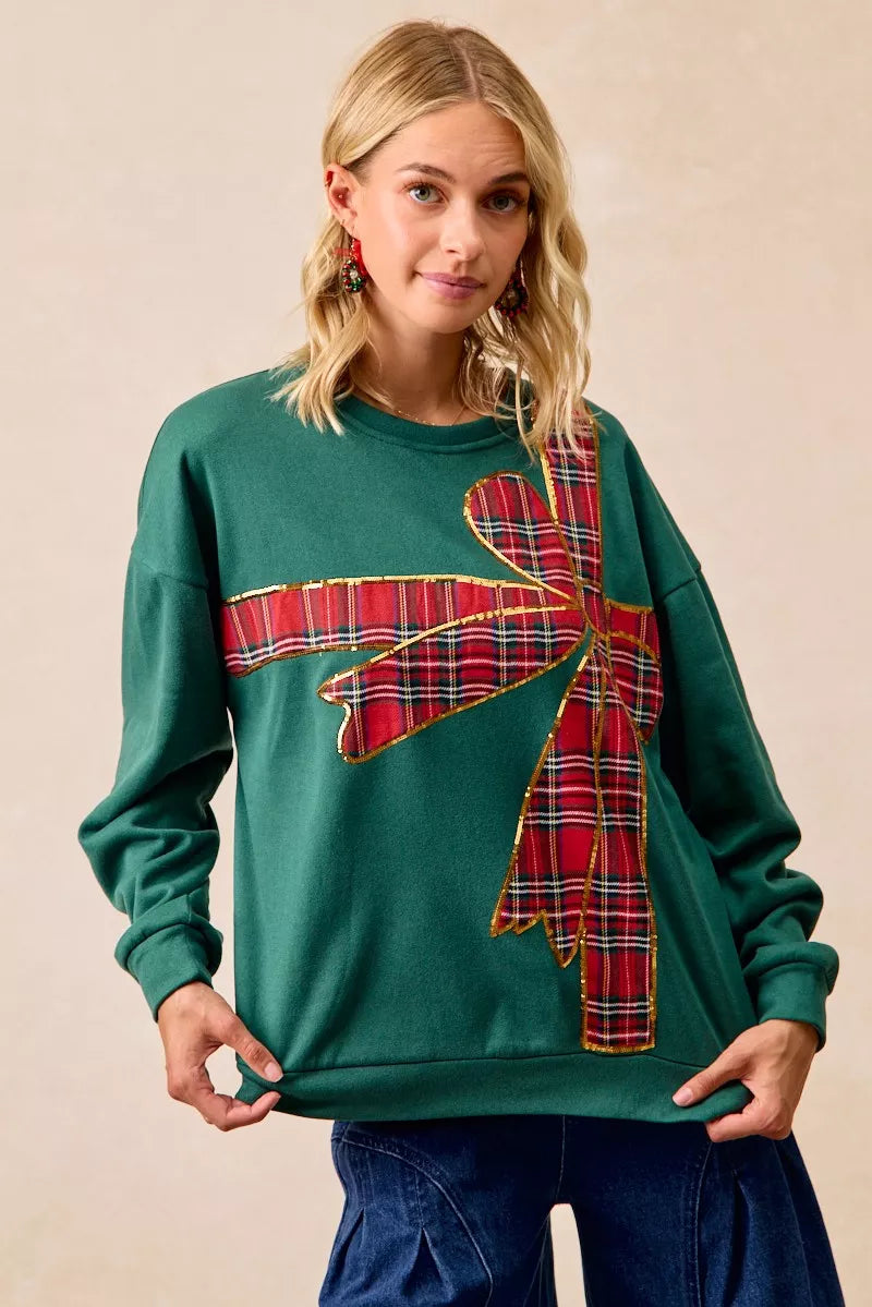 Plaid Ribbon Bow Detail Christmas Fleece Pullover
