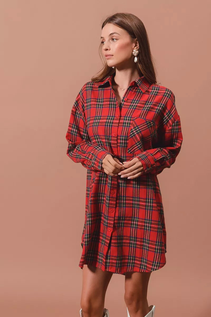 Christmas Checker Plaid Button Up Shirt Dress
