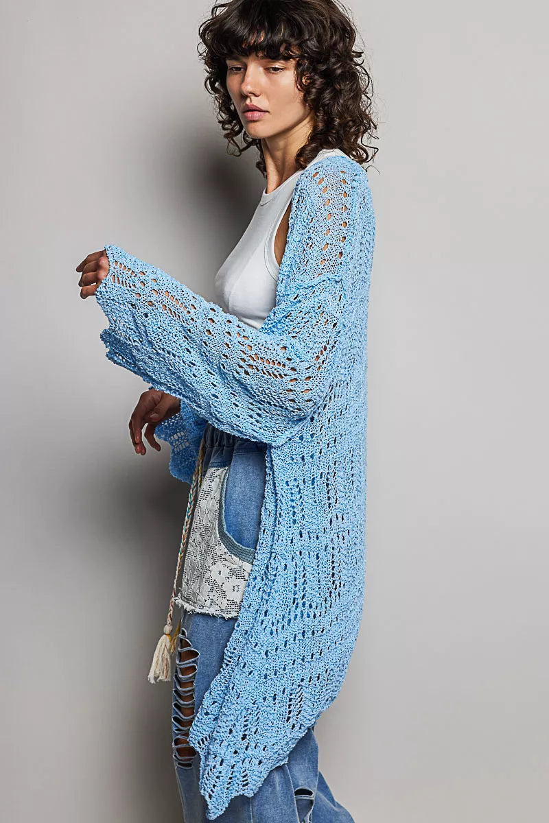 Openwork Lightweight Open Front Cardigan with Scalloped Edge