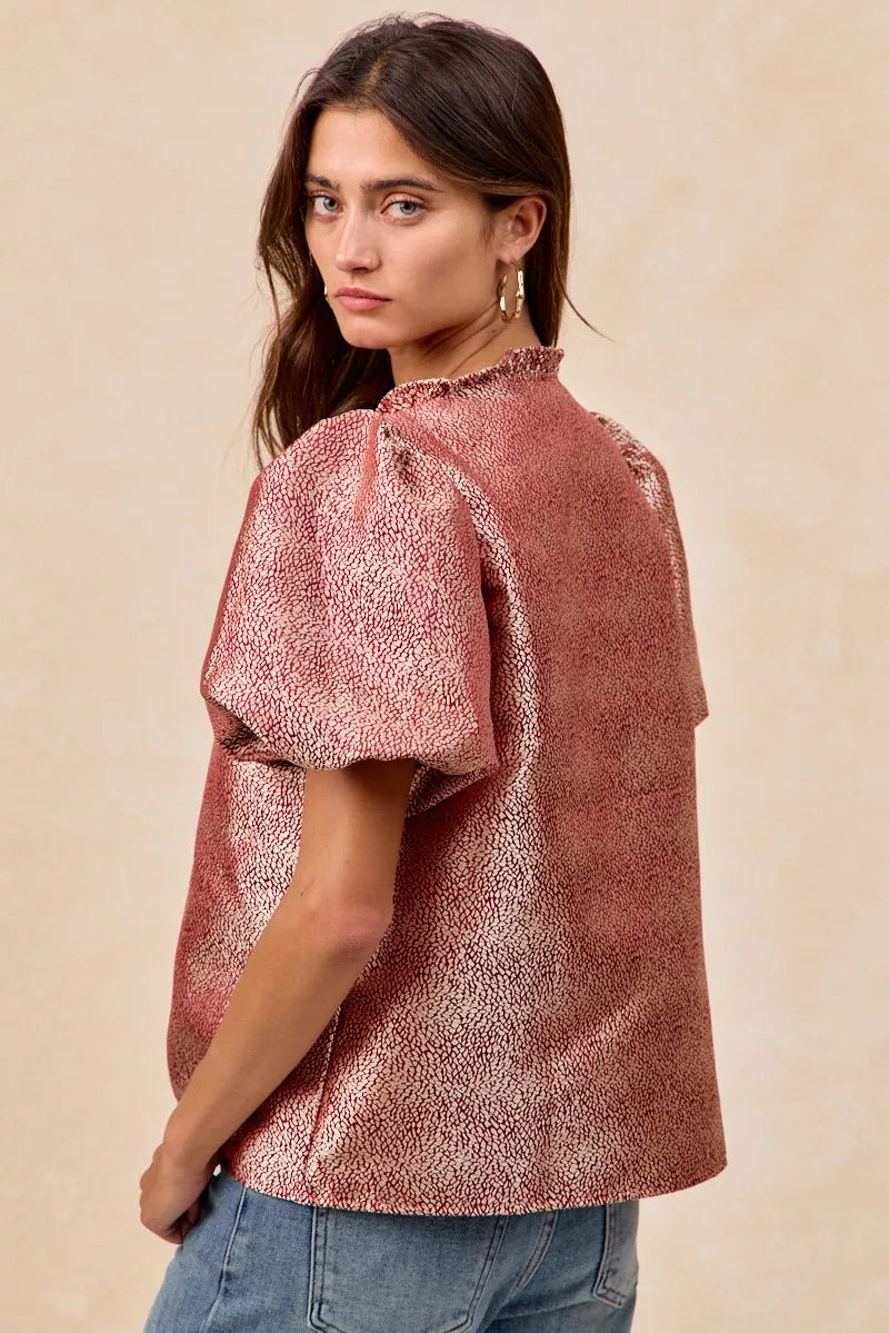 Jacquard Woven Short Balloon Sleeves V Neck Top