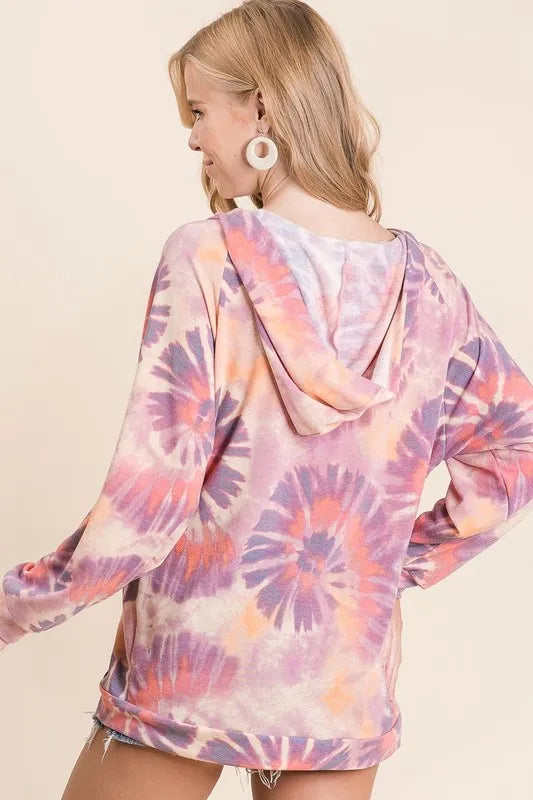 Circular Tie Dye Print Terry Hoodie with Kangaroo