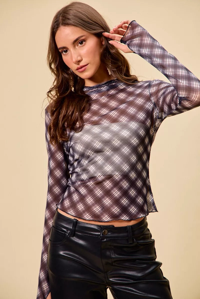 I am a Fashion Junky Plaid Mesh Knit Long Sleeve Top with Thumb Opening