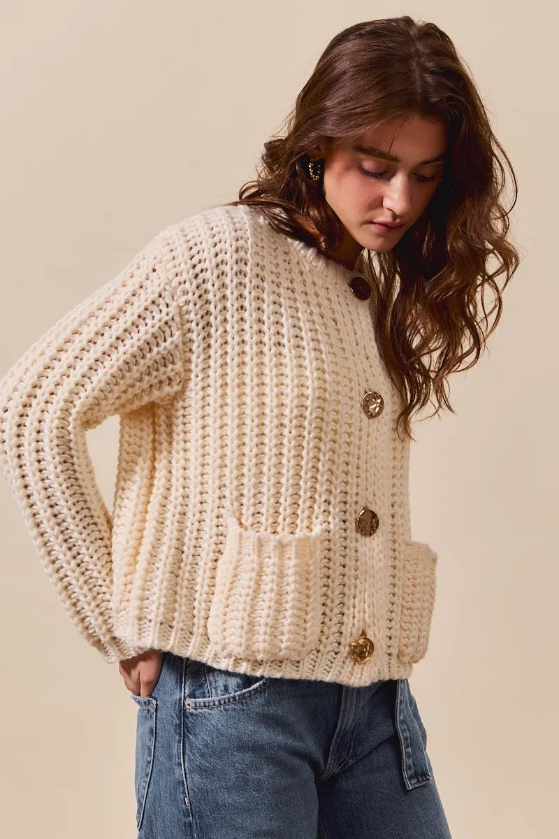 Metal Button Long Sleeve Chunky Sweater Cardigan
