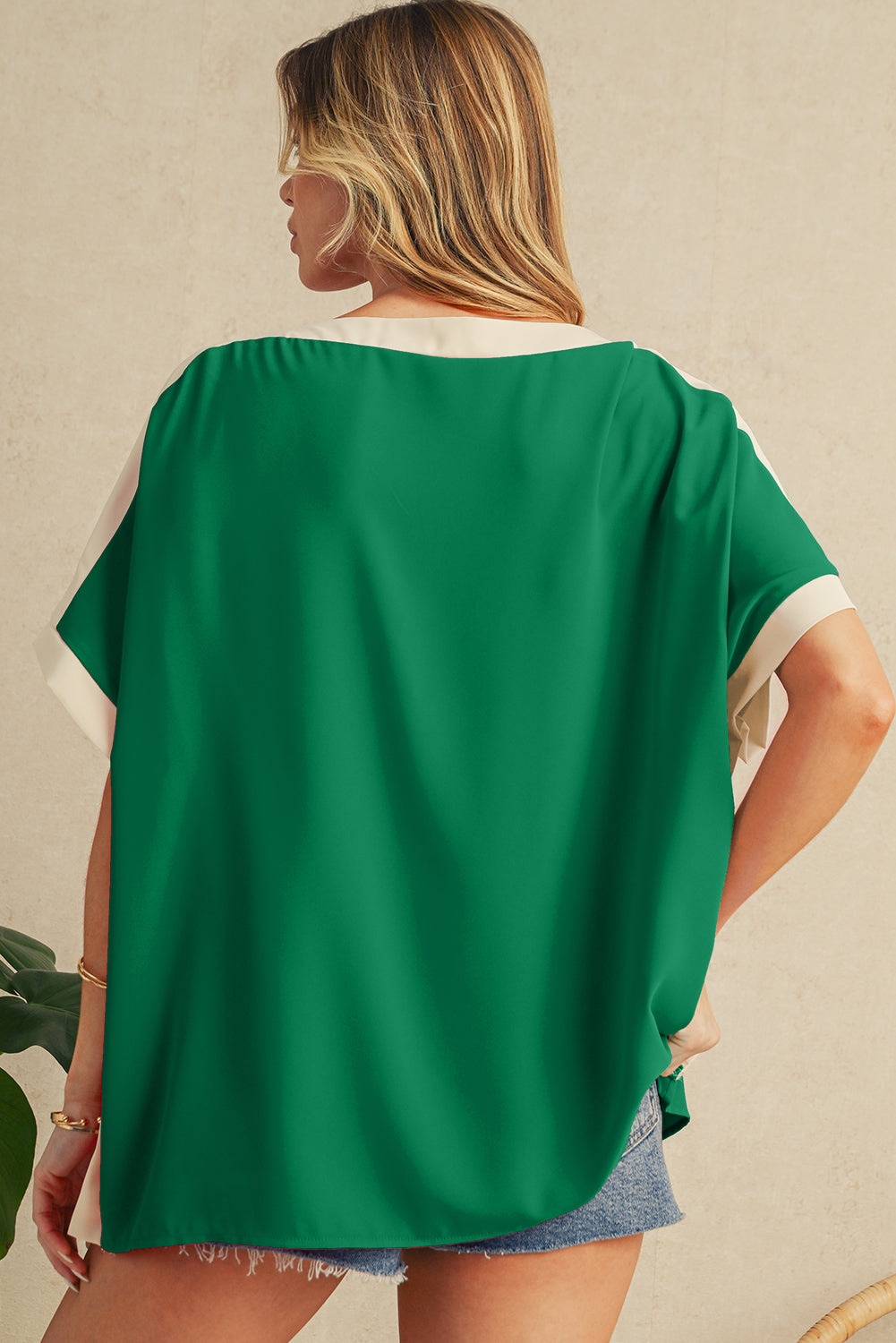 Rose Color Block Boat Neck Tunic Blouse