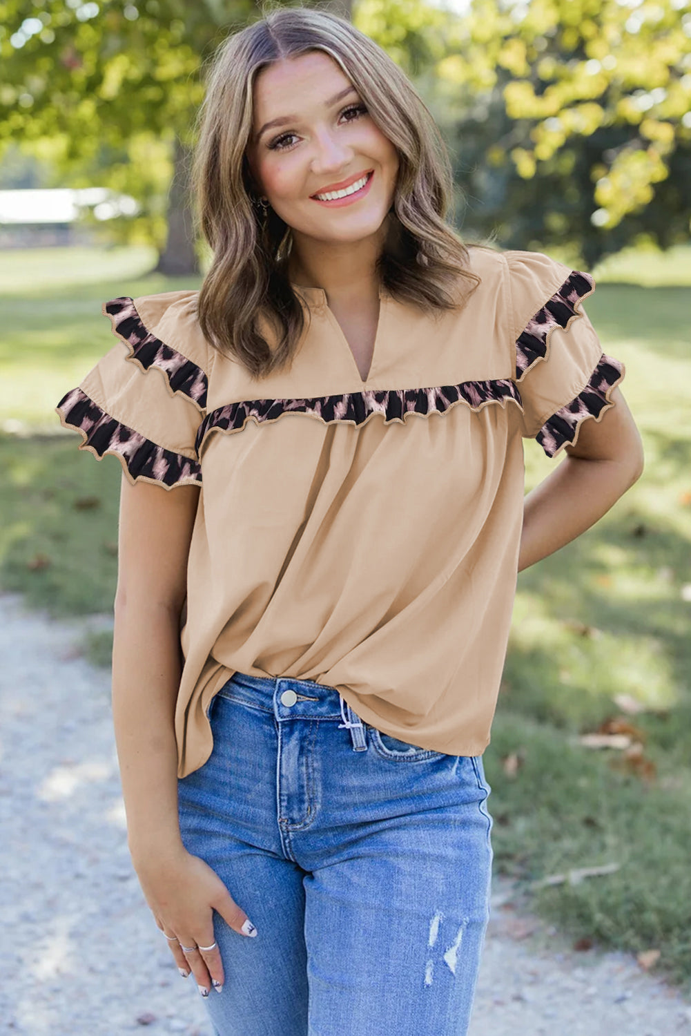 Smoke Gray Leopard Ruffles Trim Tiered Short Sleeve Blouse