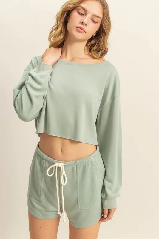 Boat Neck Long Sleeve Cropped Top