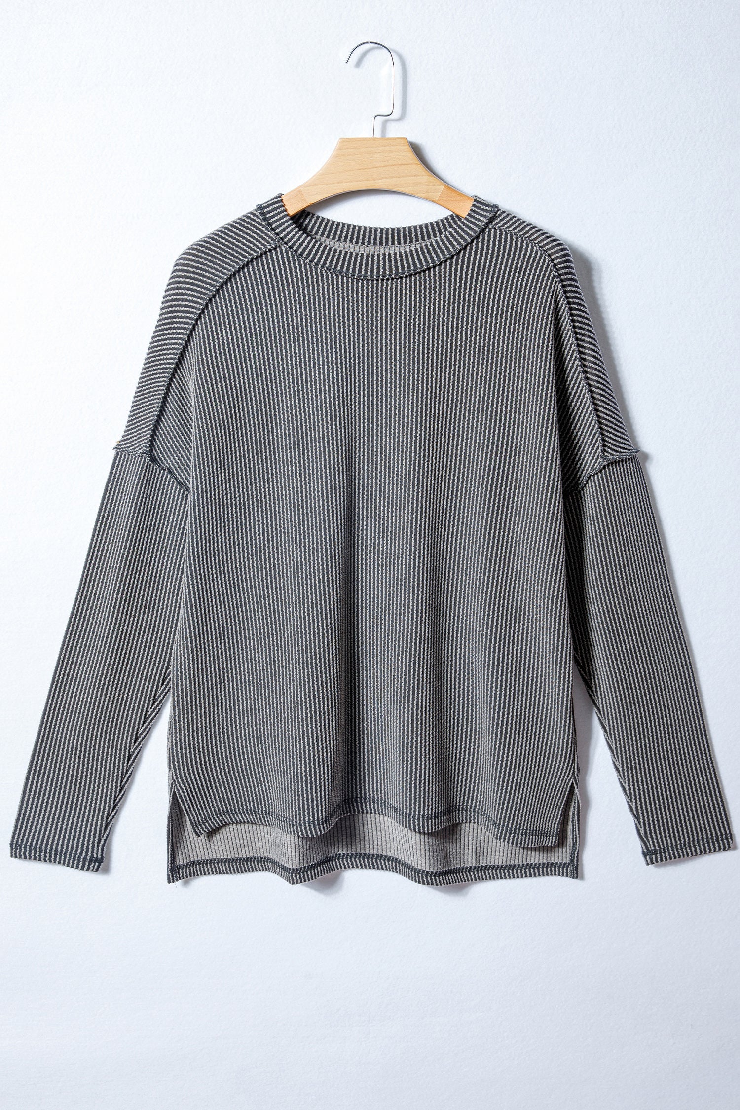 Black Twist Ribbed Exposed Seam Detail Long Sleeve Loose Top
