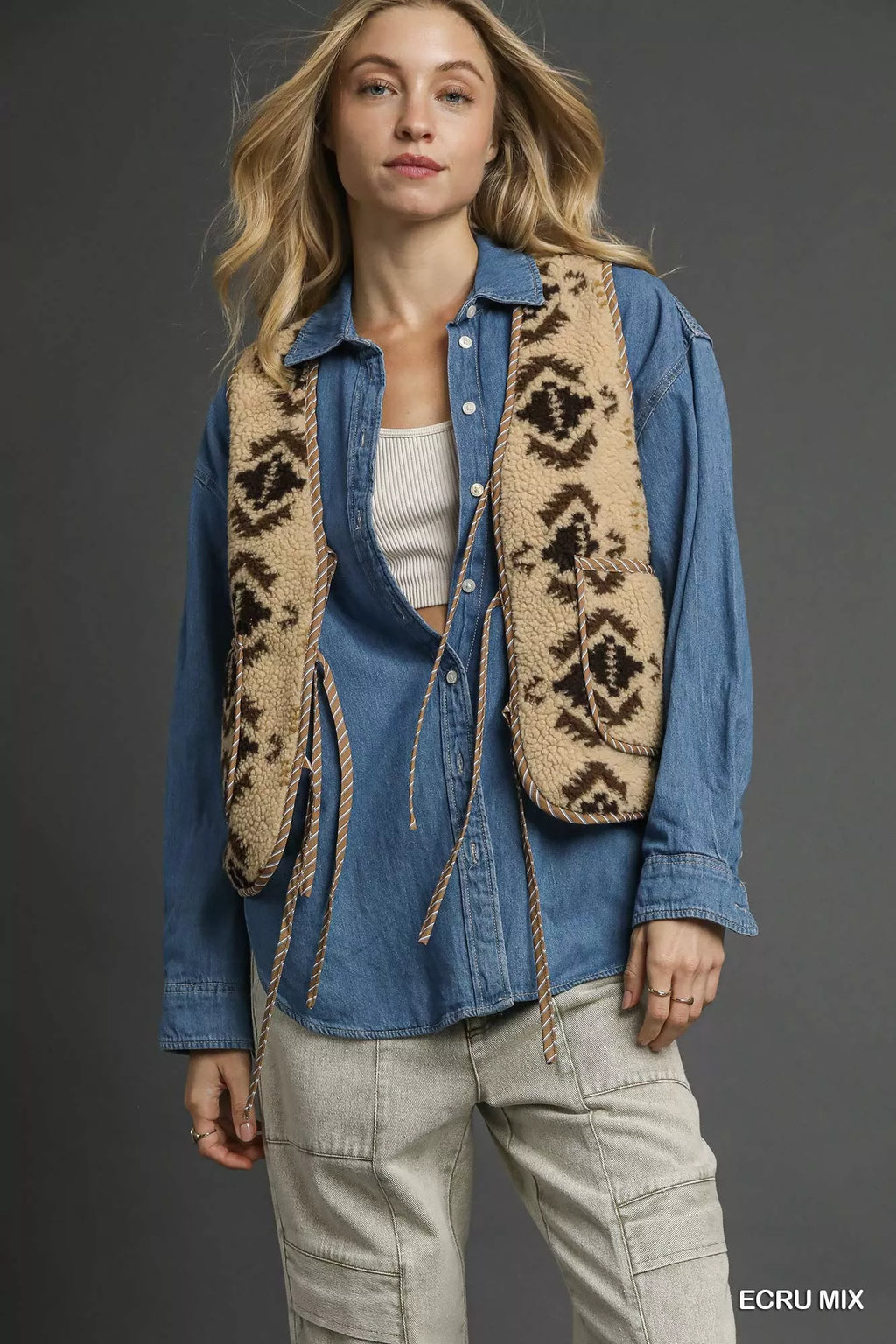 Mix Patterned Sherpa Tie-Front Vest