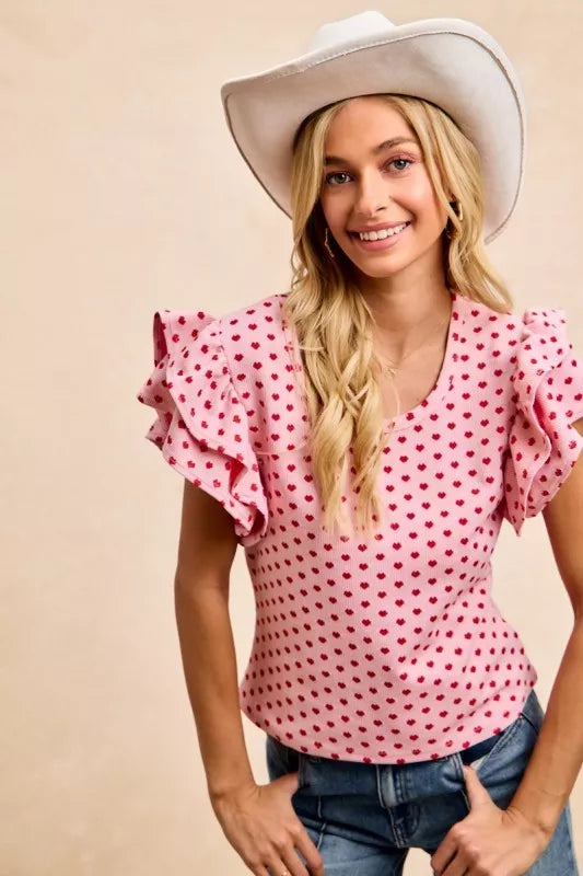 Heart Patterned Knit Ruffled Sleeves Top