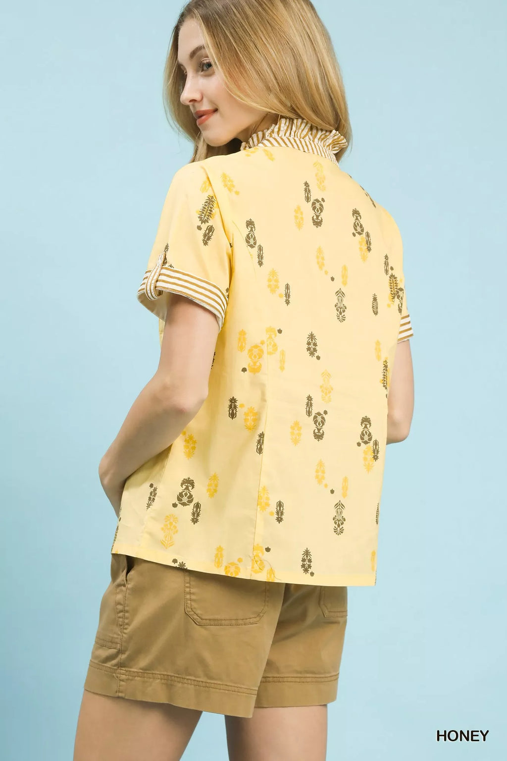 Printed Ruffle Trim Button Front Blouse