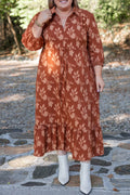 Cinnamon Plus Size Textured 3D Flower Pattern Ruffle Hem 3/4 Sleeve Long Dress