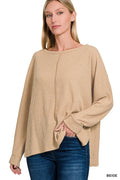 Ribbed Center Seam Dolman Sleeve Hi Low Sweater