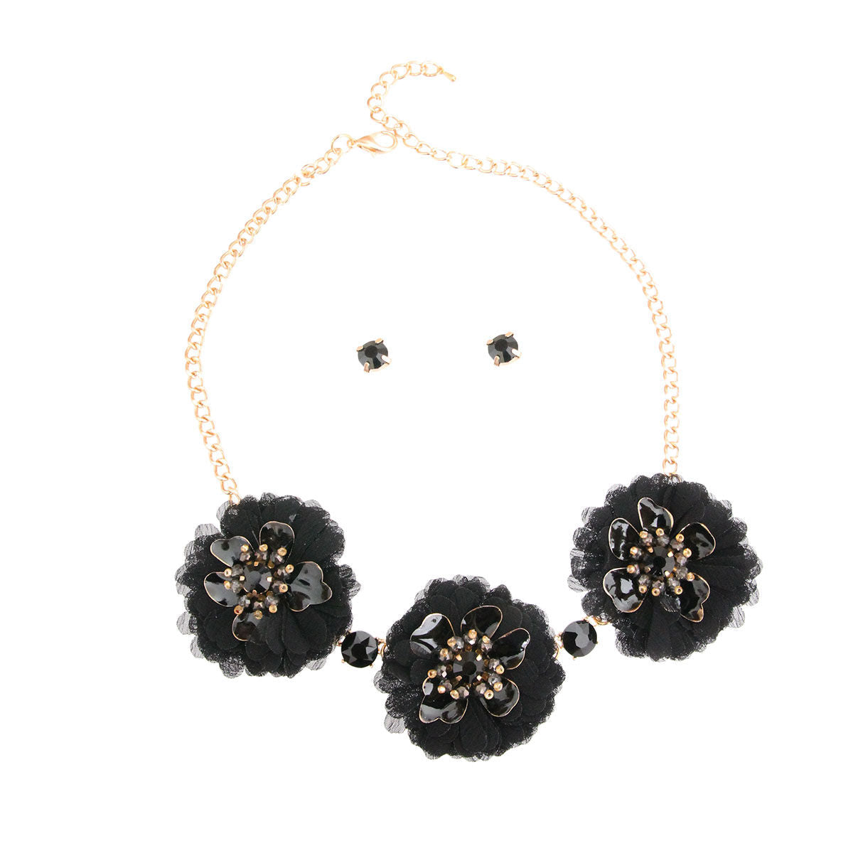 Statement Black Fabric Flower Necklace Set Stylish Chic Jewelry Accessory