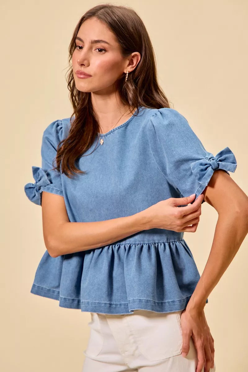 Denim Bow Detail Short Sleeves Peplum Top