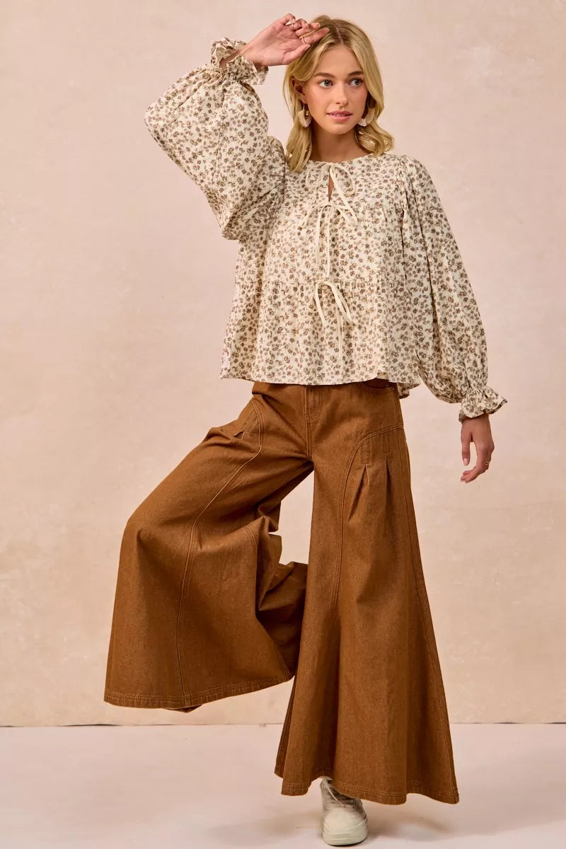 Floral Printed Peplum Blouse with Shirring and Tied