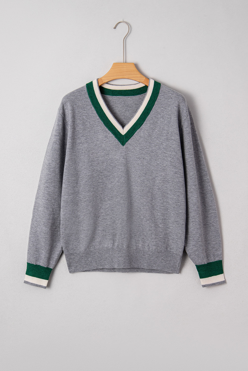 Gray Contrast Striped Trim V Neck Varsity Sweater