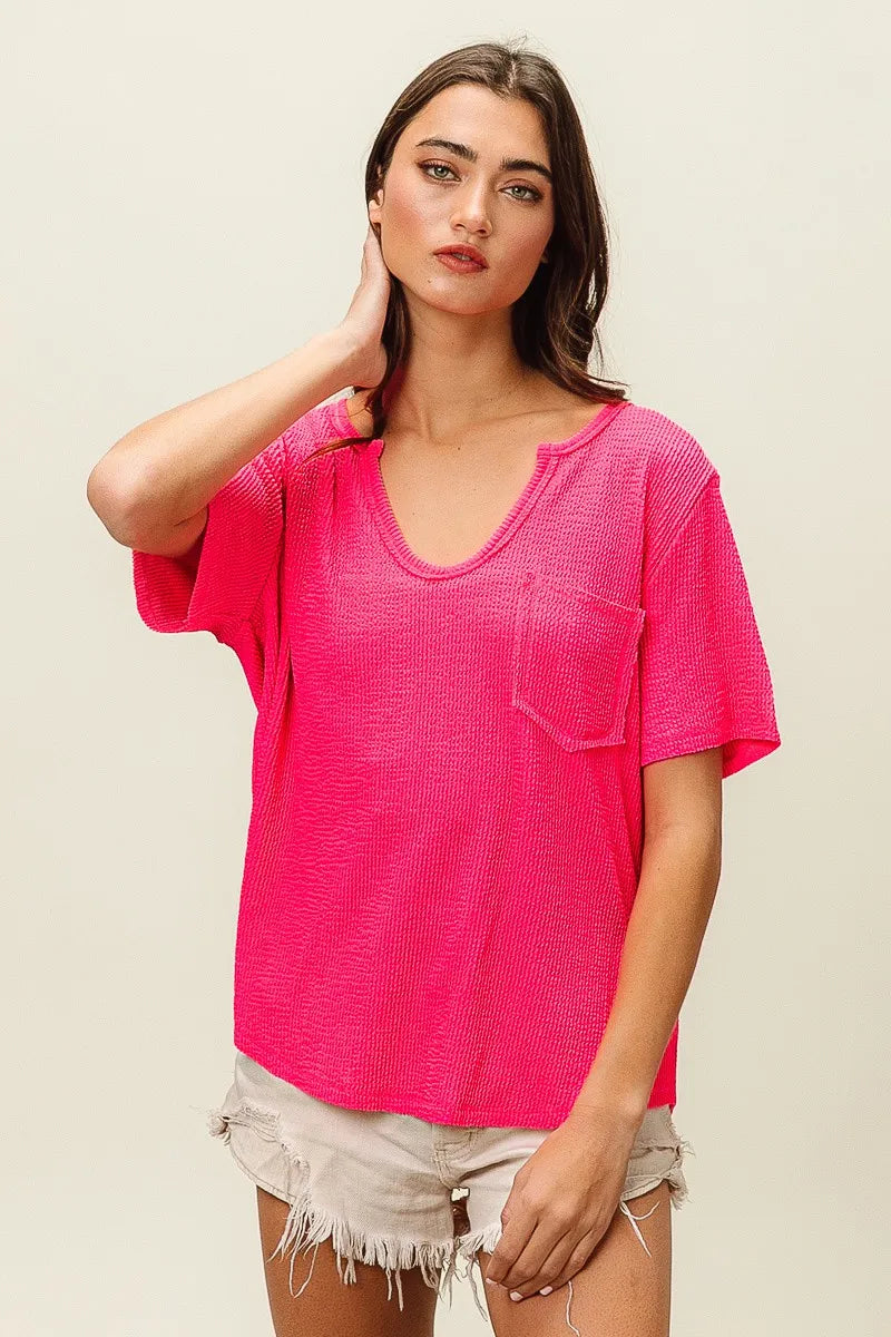 Waved Rib U Neck Top With Front Pocket