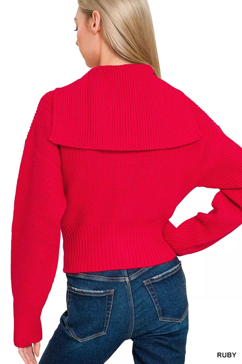 Ribbed Collared Zip Up Sweater Cardigan