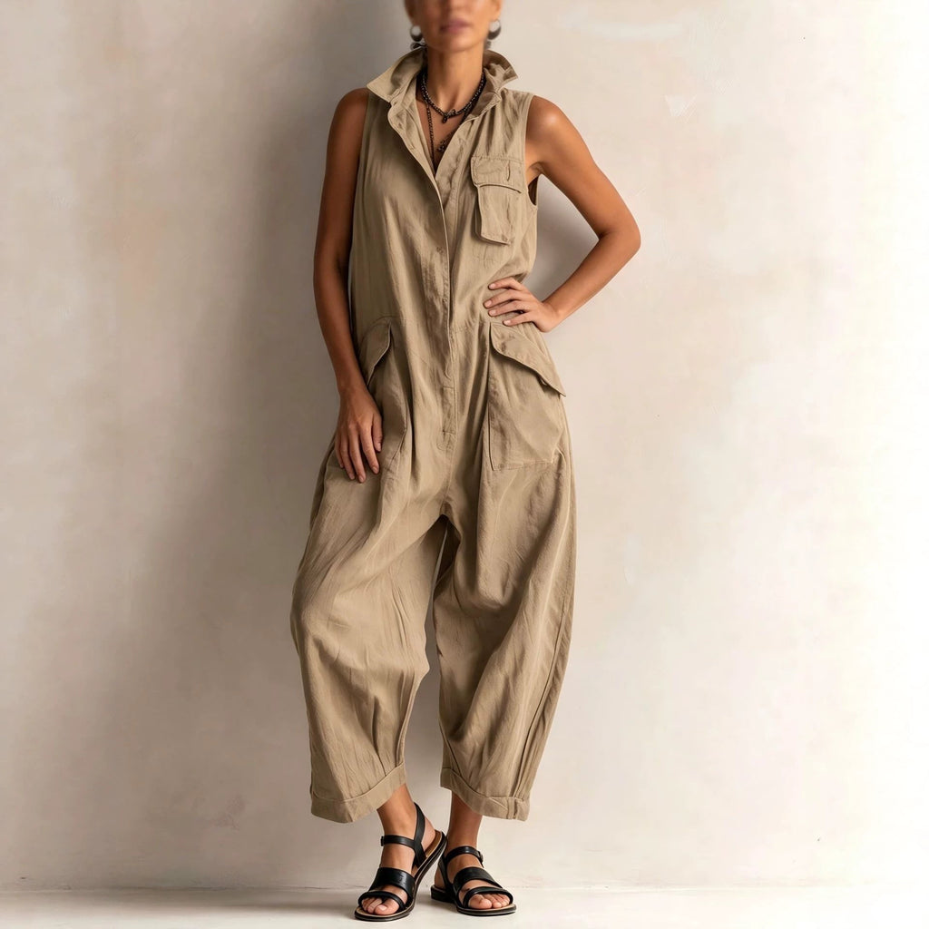 Women's Cotton Sleeveless Cargo Jumpsuit – Wide Leg Multi-Pocket