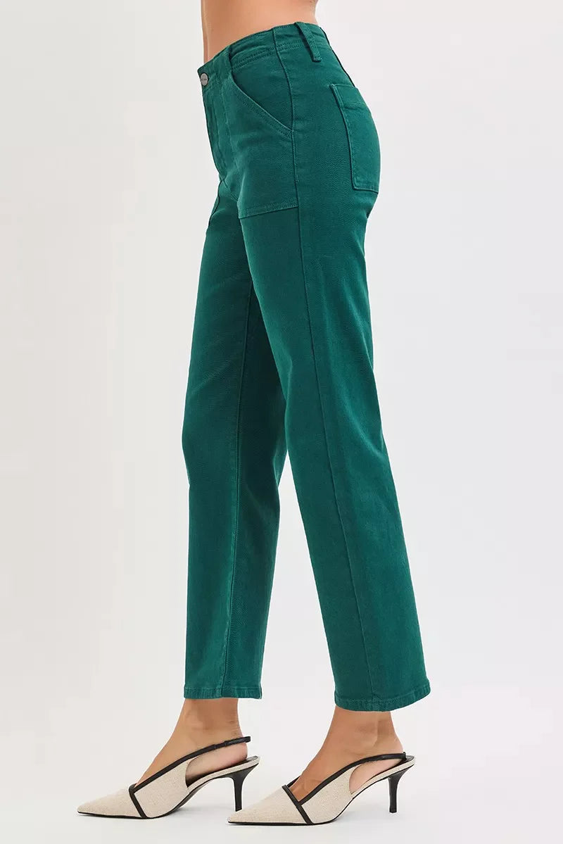 High Rise Ankle Flare Patch Pocket Jeans