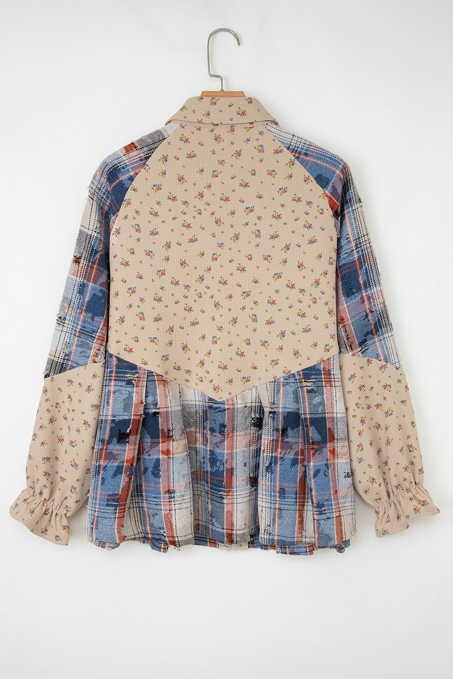 Boho Floral Plaid Patchwork Distressed Detail Ruffled Sleeve Waffle Knit Shacket